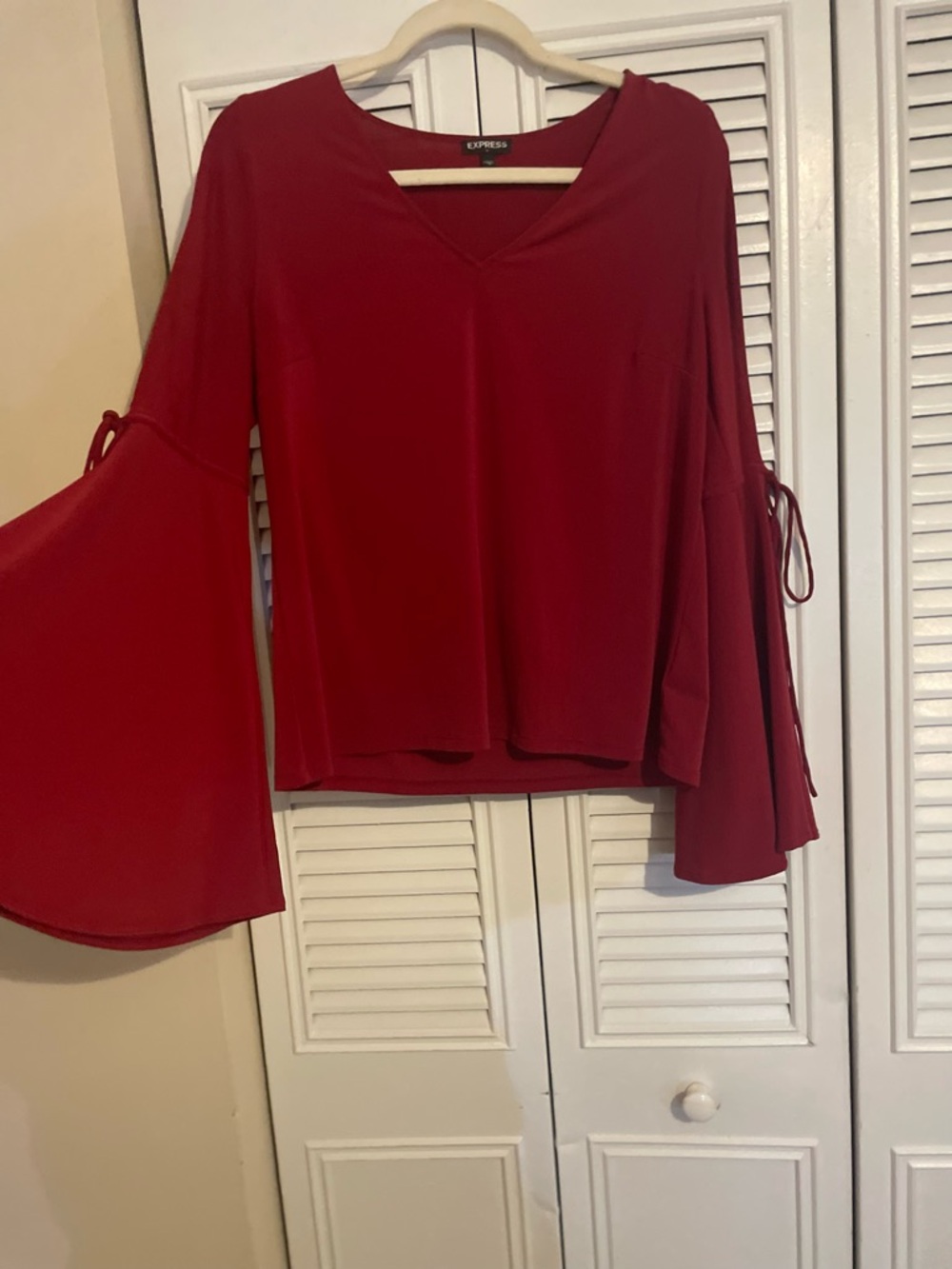 Express Red V-Neck Bell Sleeve Blouse with Tie Detail
